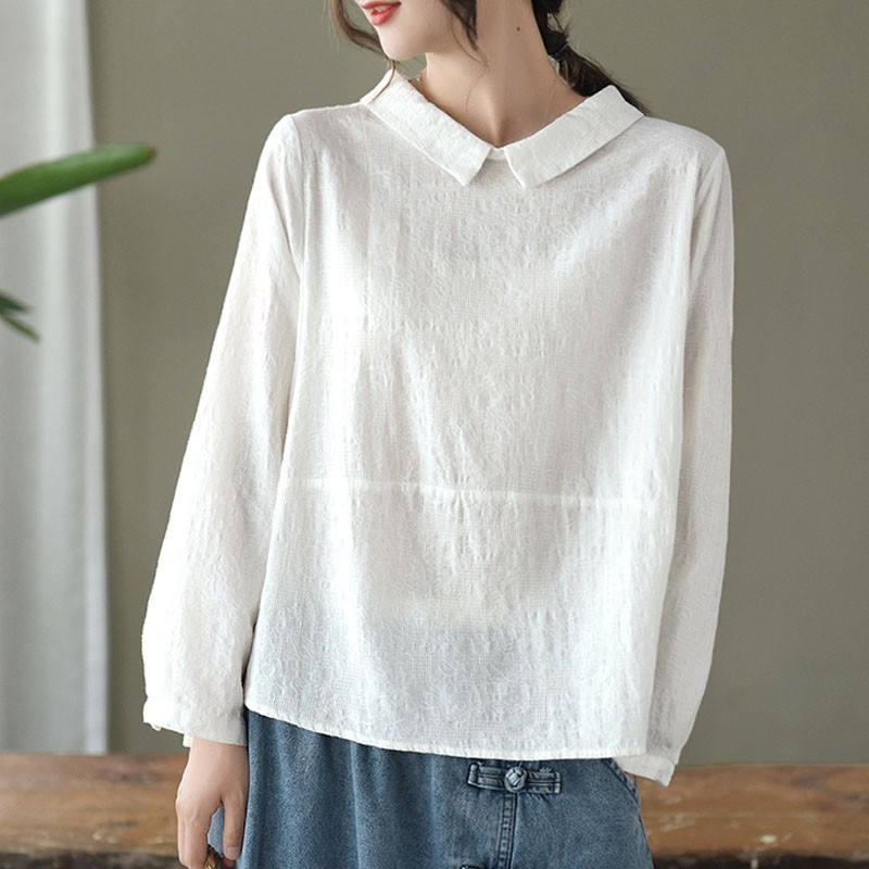 

Johnature Autumn Retro Jacquard Turn-down Collar Button Long Sleeve Shirt Cotton Linen Comfortable All-match Women Tops 210521, Purple