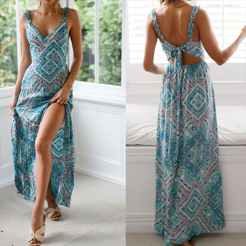 

v neck sling floral womens dress long beach sundress tie up waist open forked printed summer vestido, Black;gray