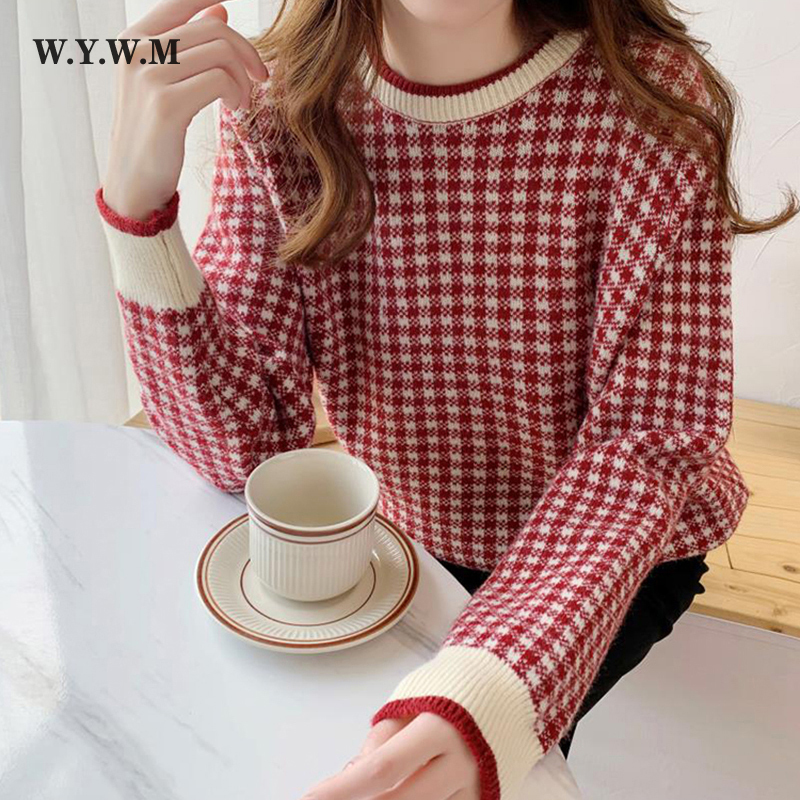 

WYWM Classic O-Ne Plaid Knitted Sweater Women Korean Loose Vintage Pullover 2021 Fall Winter New Long Sleeve Female Clothes, Black