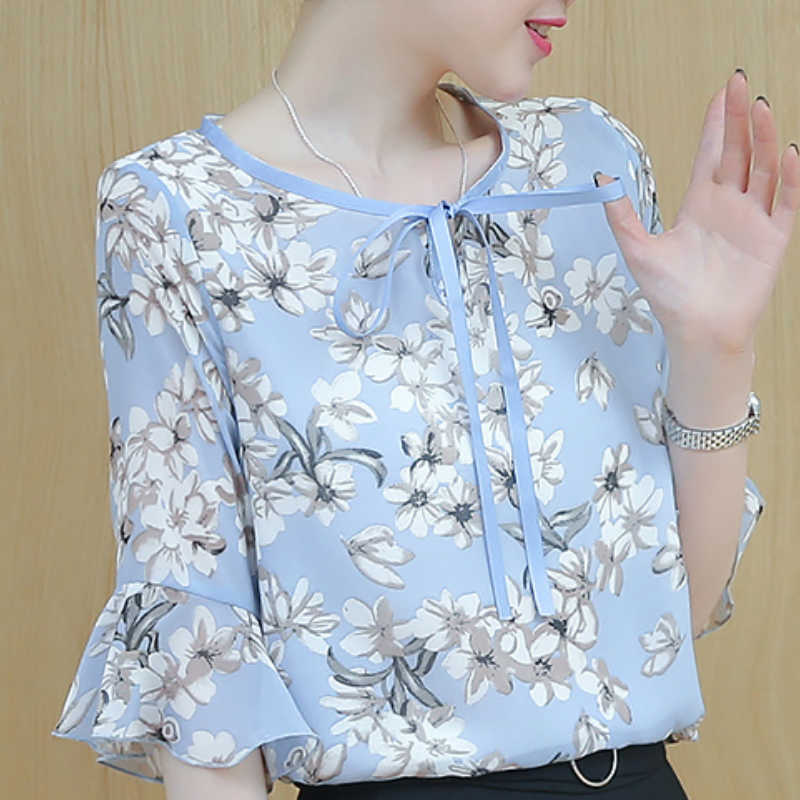 

Blusas Mujer De Moda Flare Sleeve Summer Blouse Women O-neck Print Chiffon Blouse Shirt Tops Womens Tops And Blouses C819 210602, Beige