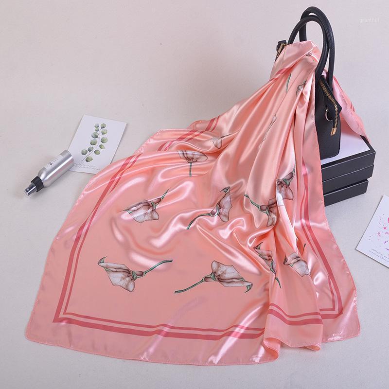 

Scarves 2021 Spring Fashion Kerchief Women Bandana Floral Print Sunscreen Silk Satin Scarfs Female 90X90CM Square Shawls And, Blue;gray