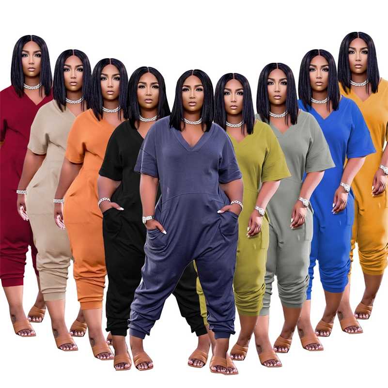 

5 XL Plus Size Jumpsuit Fashion Pocket Sexy V Neck Casual High Street Solid Color Trousers Women's Clothing Wholesale 211022, Light green