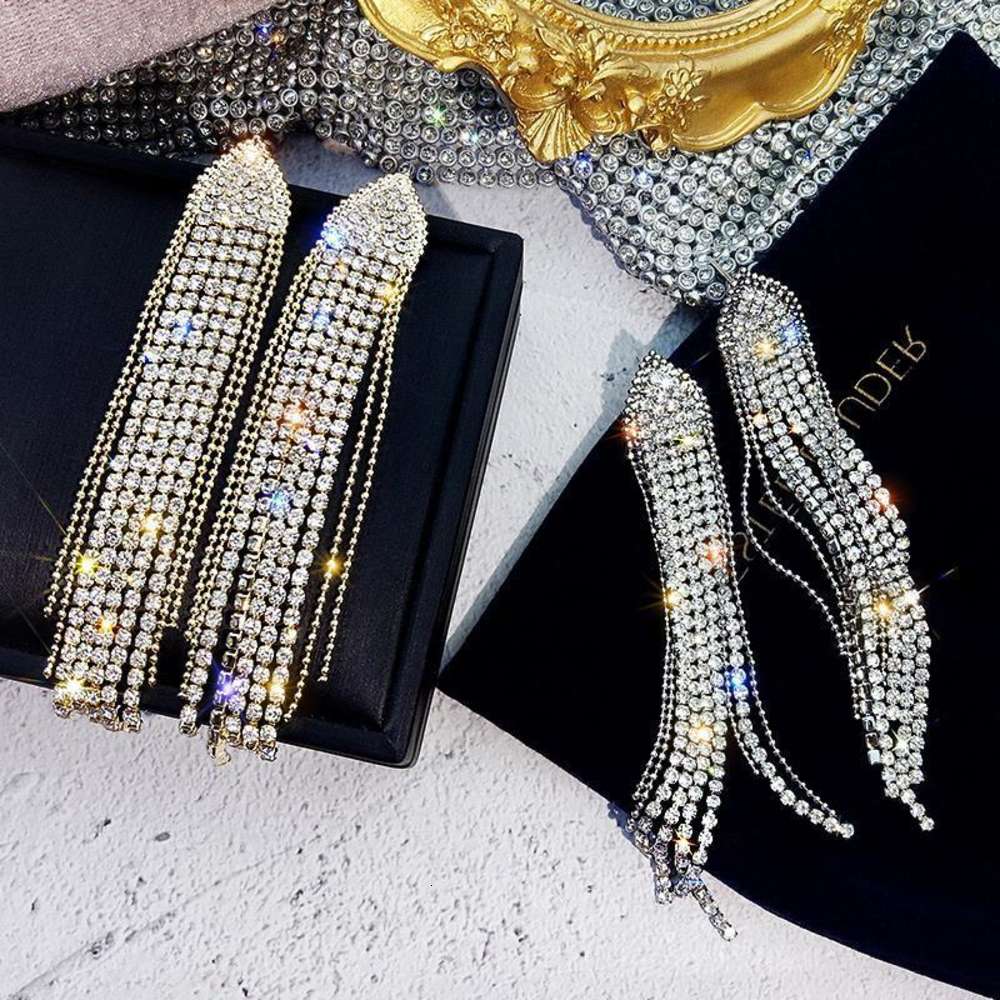 

earrings Temperament full diamond Tassel fashion long S925 silver needle Korean net red exaggerated Earrings women, Golden