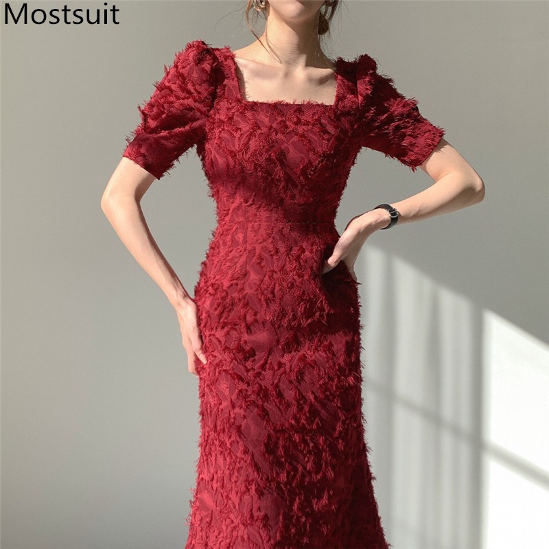 

Korean Vintage Tassels Women Long Dress Short Sleeve Square Collar Pencil Dresses Elegant Back Open Ladies Vestidos Femme 210518, Red