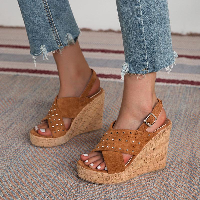 

Summer Women's Wedges Sandals Rivet Flock Buckle Strap Ladies Plus Size Shoes Outdoor Elegant Solid Women Footwear, Black