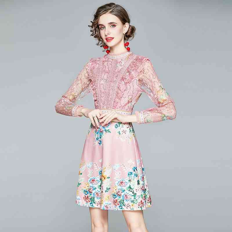 

Fashion Runway Autumn Mini Dress Women Stand collar Ruffles Sequins Lace Patchwork Mesh Long sleeve Floral Sweet Short 210603, Pink