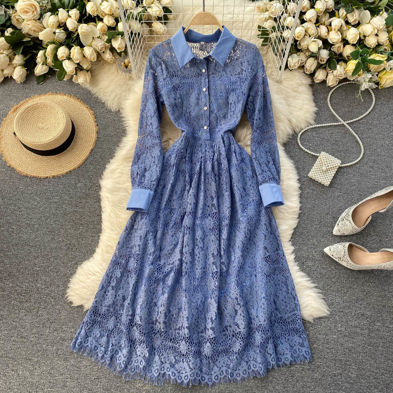 Two Piece Dress 2021 Blue Lace Spring Autumn Hollow Out Long Sleeve Midi Elegant Ladies Turn-down Collar Buttons A-line Women 6YEW-image-700557252