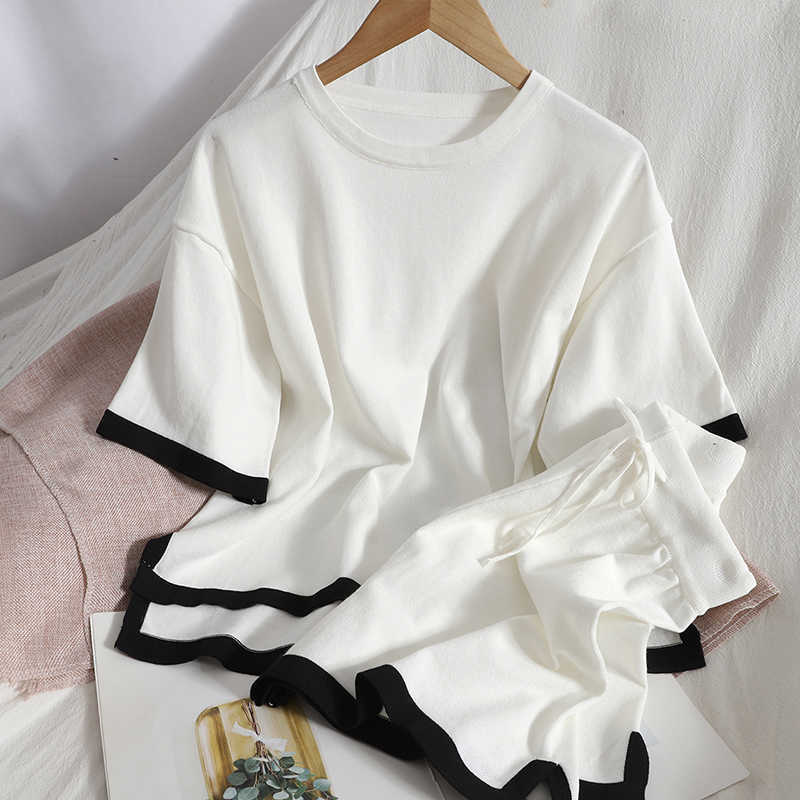 

DEAT Summer Fashion Front Short Back Long Split Round Neck Top Lace Up Straight Shorts Knitting Two Piece Set Women SK012 210709, Black