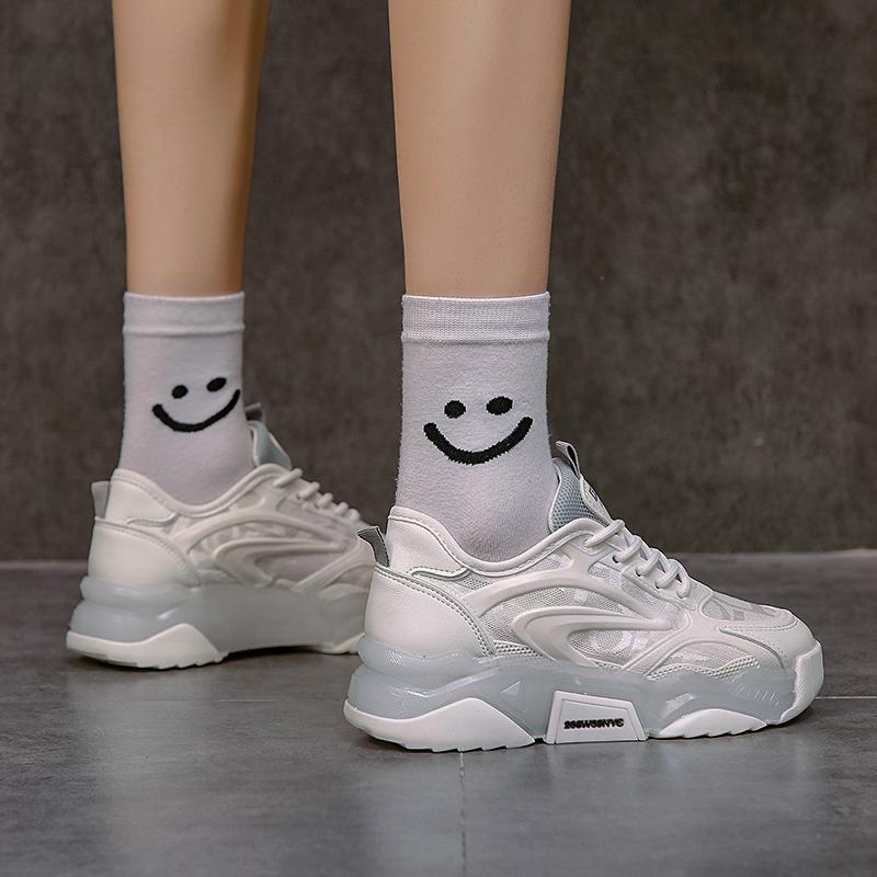 

Summer Women Shoes High Heel Green Breathable Mesh Sneakers Female Trendy Old Dad Chunky Walking Footwear Ladies Dress, Black