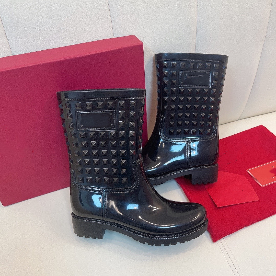 

Women Betty PVC rain boots womens chunky Bootis Designer half Boot ladies dress shoes brand 100% Real Leather Medal Coarse Non-Slip Winter, Black