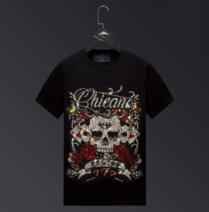 

Fashion Rhinestone Print Men's T-shirt 100% Cotton Tops Casual Streetwear Pullover Short Sleeve O Neck Tees Size -5XL- Black/White/Red
