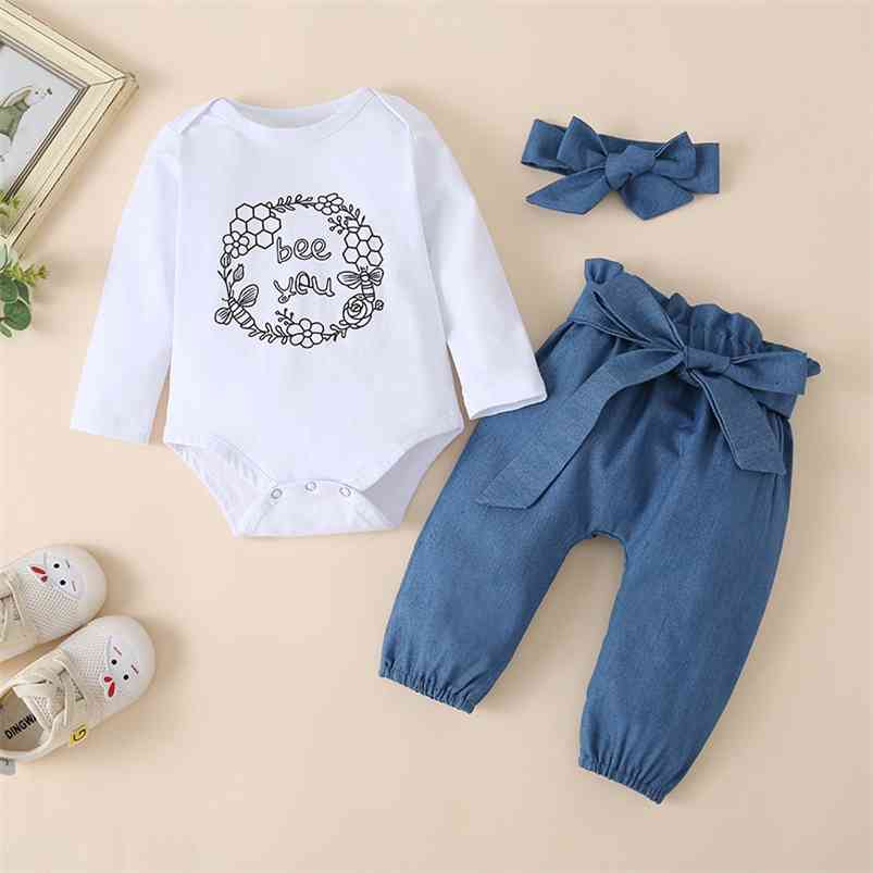 

Winter Children Sets Casual Long Sleeve O Neck Print Romper Black Solid Bow Trousers Cute 2Pcs Girls Clothes 0-2T 210629, White
