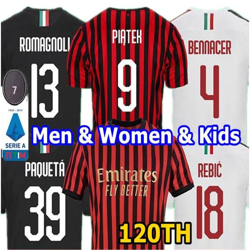 

19 20 AC milan 120th soccer jersey 2019 2020 PIATEK football shirt PAQUETA BENNACER men REBIC camisa de futebol ROMAGNOLI maillot de foot, +patch