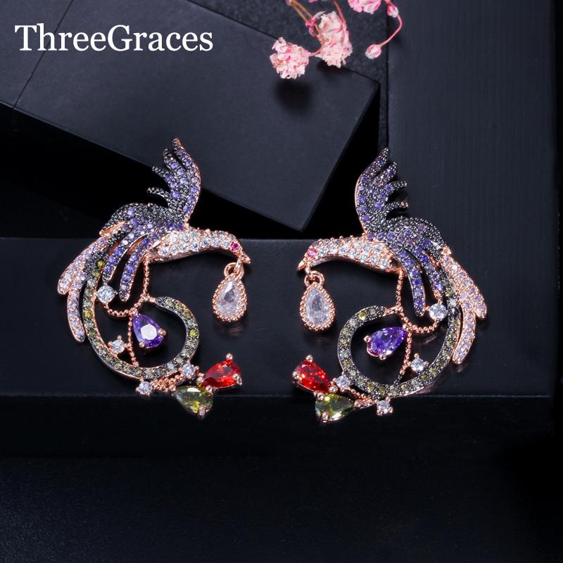 

Dangle & Chandelier ThreeGraces Luxury European Style Rose Gold Color White Purple Olive Green Austrian Crystal Women Big Earrings Jewelry E, Silver