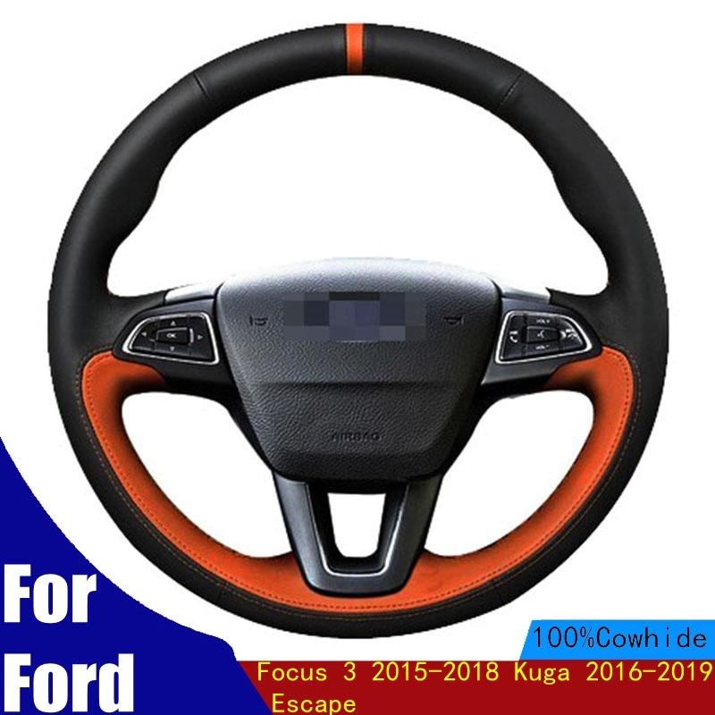 

Steering Wheel Covers Hand-stitched Car Cover Black Genuine Leather Non-slip Soft For Focus 3 2021-2021 Kuga Escape