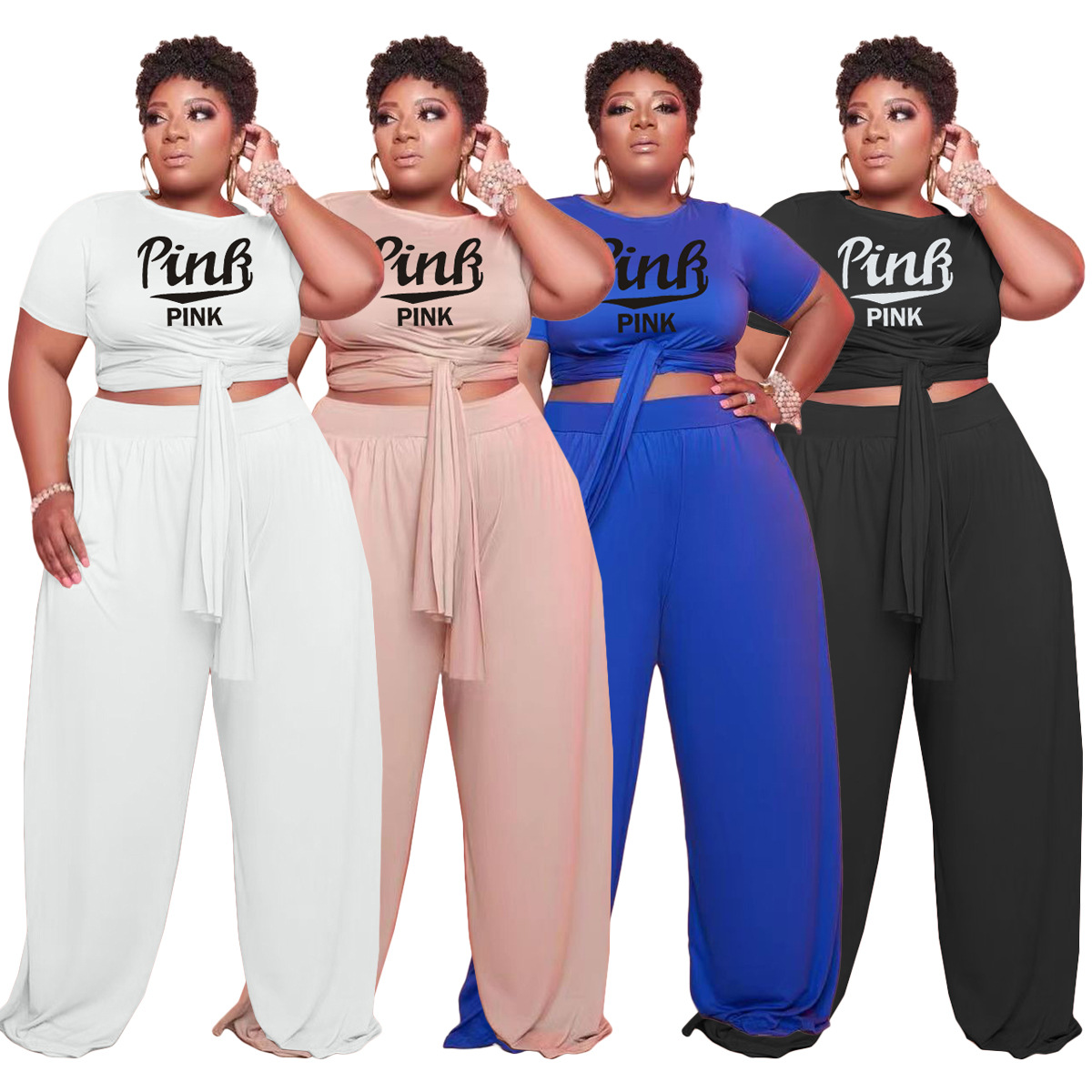 

Plus Size Pants Fashion letter printed belt wide leg trousers two piece set, Blue
