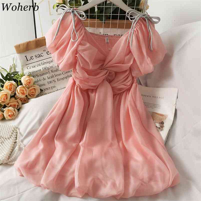 

Women Dress Summer Puff Sleeve V Neck Mini Vestidos Bow Lace-up Slash Sweet Robe Chic Folds High Waist Dresses 210519, Pink