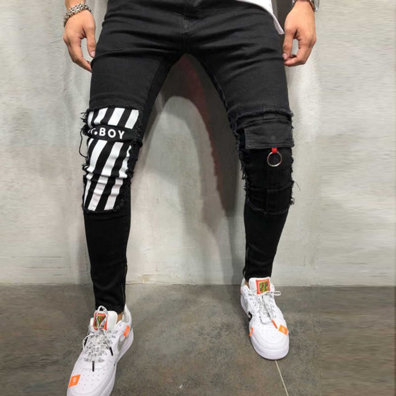 

Skinny Striped Jeans Men Denim Hole Wash Vintage Hip Hop Work Trousers Stretch Slim Fit Printed Jeans Black Casual Pencil Pants X0621, 2005 black