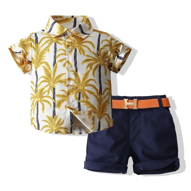 

Toddler Kids Baby Boy Gentleman Clothes Summer Short Sleeve Button Floral Printed Shirt Tops Shorts Pants Outfit Children Set, Blue