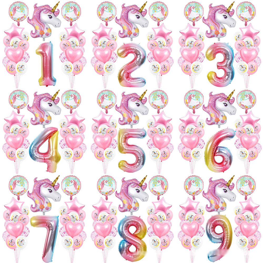 

Rainbow Unicorn Birthday Party Balloon For 1-9 Years Old Boy Girl Family Background Wall Decoration Number Set Other Numbers Can Be Customized, As picture