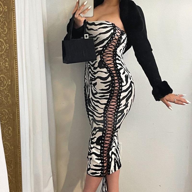

Casual Dresses Zebra Print Lace Up Tube Midi Dress Side Drawstring Hollow Out Bandage Clubwear 2021 Autumn Party Night Club, Black