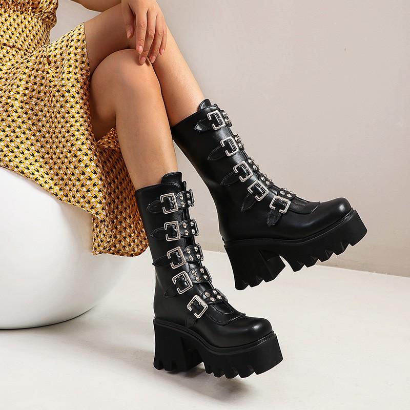 

Boots Women Motorcycle Platform Chunky Booties Size 44 Shoes 2021 Winter Gothic Rivets Punk High Heels Ankle Zip Black