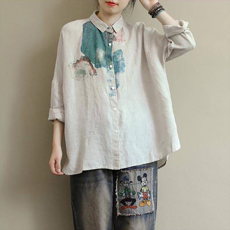 

casual arrival spring fashion vintage women shirt print cotton linen female loose plus size p290, White