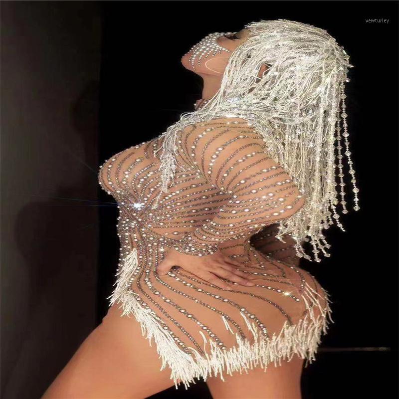 

Party Decoration H166 Modern Fashion Bodysuit Tight Diamonds Nightclub Model Celebration Tassels Drilling Chain Rhinestone Show Stage