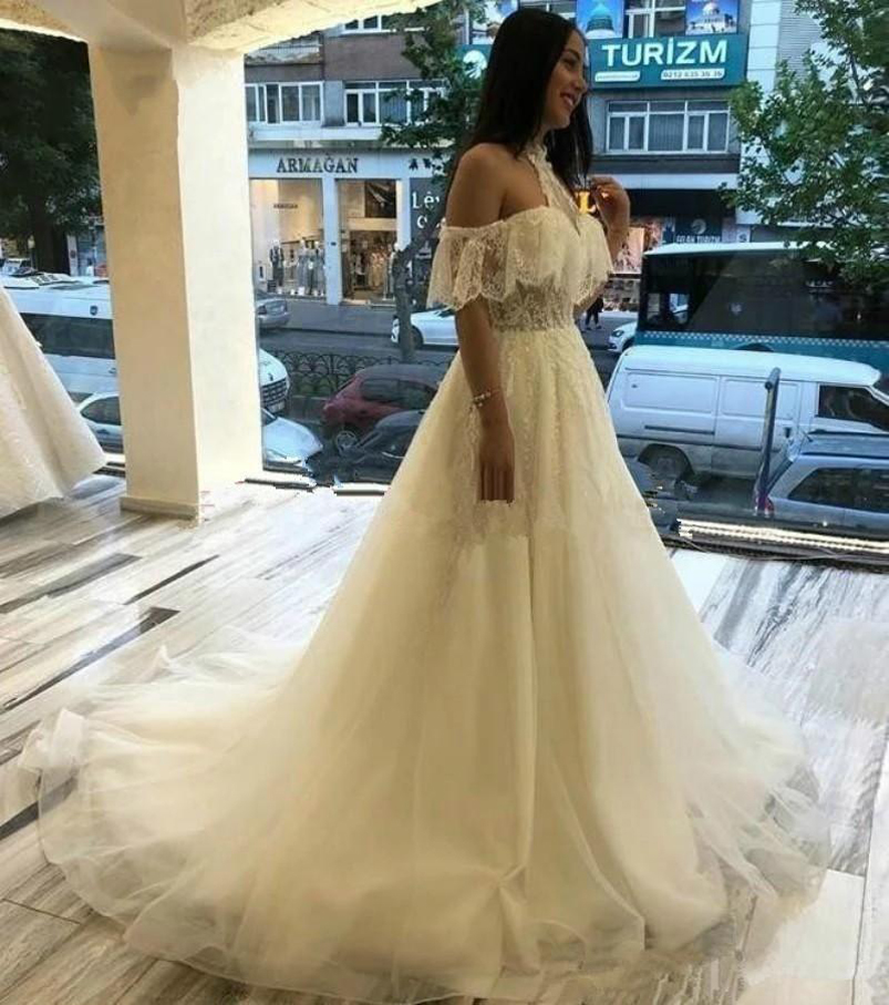 Halter A Line Lace Wedding Dresses with Appliques Off the Shoulder Short Sleeves Court Train Bridal Gowns Vestidos De Novia-image-706264309