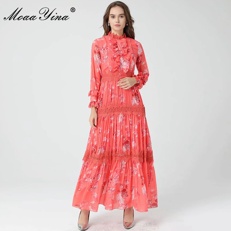 

Spring Runway Elegant Party Dress Women Lace Patchwork Full Sleeve Vintage Floral Print Long Holiday 210524, Coral red