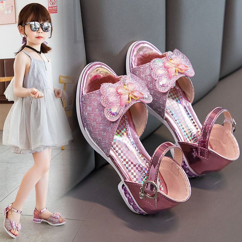 

Size 26-36 Open-toe Soft Sole Beach Sandals For Children Girls Crystal Bowknot Princess Shoes For Kids Non-slip Light Sandals, Black