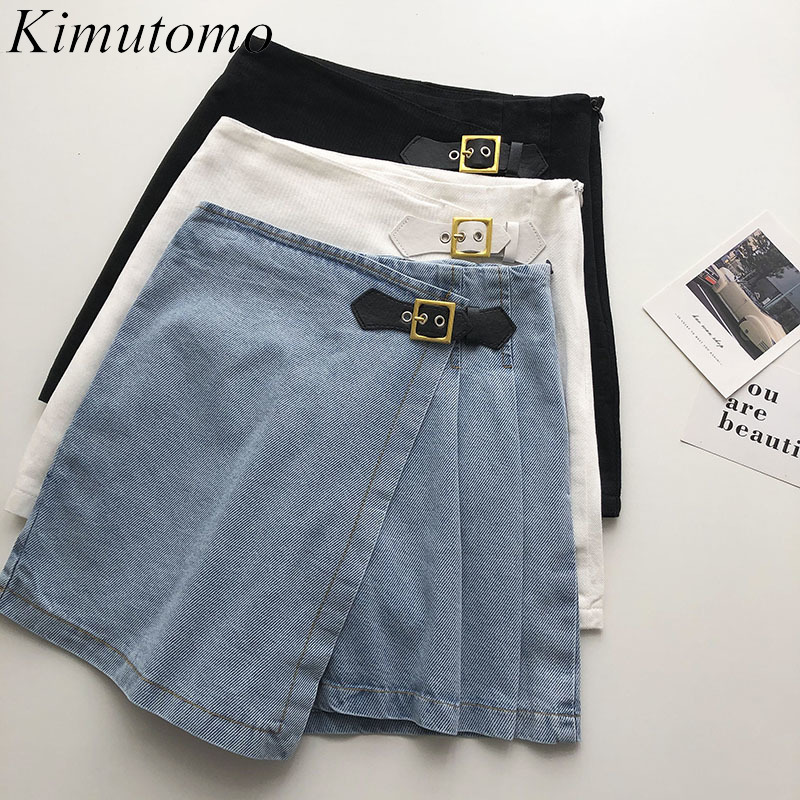 

Kimutomo Button Denim Shorts Summer Women's Clothing Korean Fake Two Piece High Waist Pleated Solid Bottoms Casual 210521, White