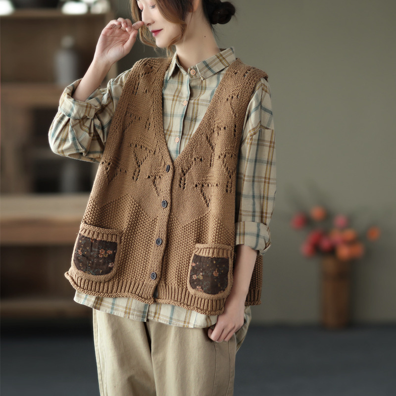 

Johnature Women Vintage Sweaters Vests Patchwork Floral Button V-Neck Sleeveless Coats Spring Chinese Style Sweaters Vests 210521, Orange