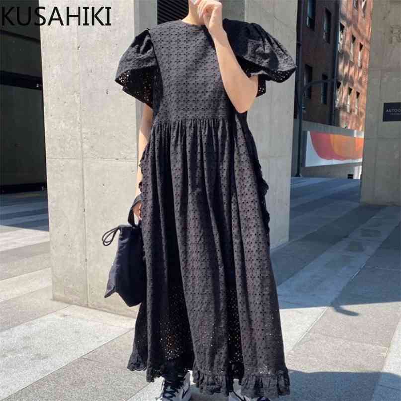 

Korean Hollow-out Lace Dress Puff Sleeve Ruffle Causal Dresses Summer High Waist A-line Vestidos Mujer 6H896 210603, Black