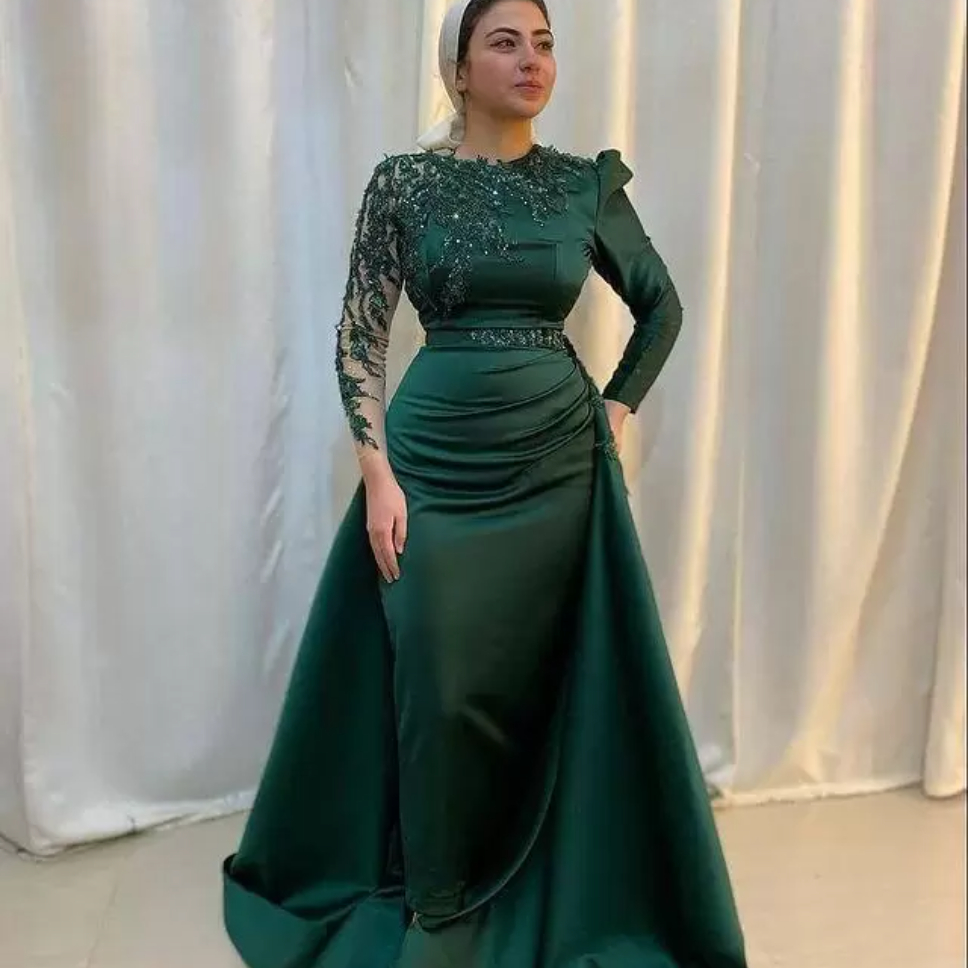 2022 Hunter Green Robes de soirée musulmanes avec train détachable Image réelle Manches longues Aso Ebi Africain Perlé Tache Kaftan Robes de bal