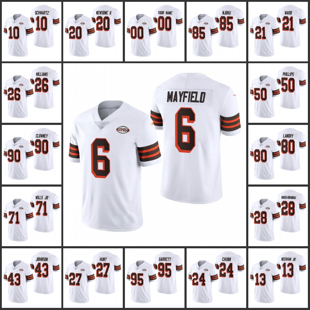 

Cleveland''Browns''Men #6 Baker Mayfield 13 Odell Beckham Jr 85 David Njoku 80 Jarvis Landry Women Youth Custom 1946 Col, Black;red