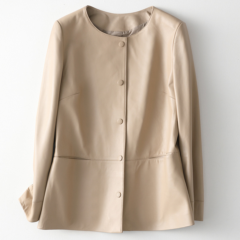 

Sheepskin Leather Jacket Women Slim Coats Beige Tops Overcoat Outerwear Office Work Casual Clothes Round Neck 2021 Spring and Autumn Fashion Style, Black