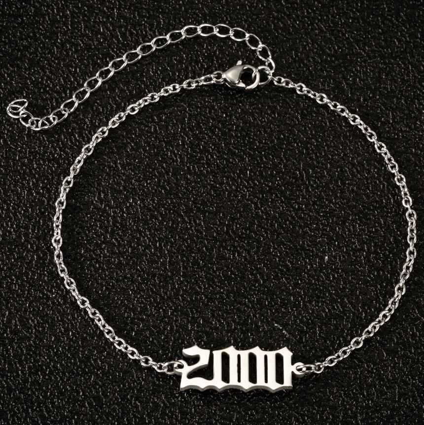 

HE-16 Number 1-2000 Arabic numerals Birthday Year Anklet Leg Bracelet Stainless Steel Fashion Jewelry for Women Men Gifts, Golden;silver