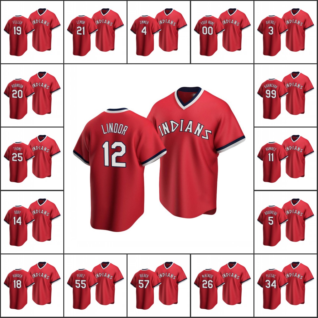 

Men ClevelandIndians #12 Francisco Lindor 5 Lou Boudreau 99 James Karinchak Women Youth Custom Cooperstown Collection Red Road Jersey, Black