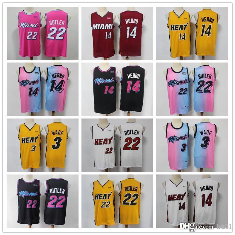 

Mens MiamiThrowback Heatjerseys Dwyane 3 Wade Tyler 14 Herro Jimmy 22 Butler Basketball Jerseys pink yellow black blue, Color
