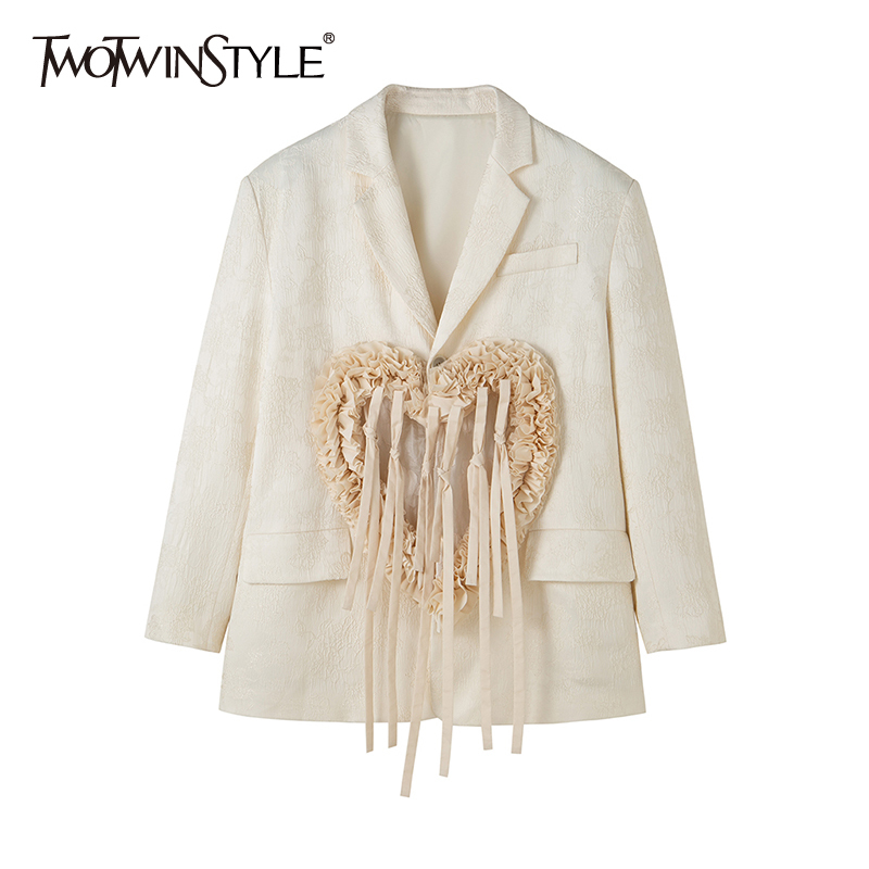

Elegant Patchwork Tassel Blazer For Women Notched Long Sleeve Straight Casual Blazers Female Spring Fashion 210524, Beige