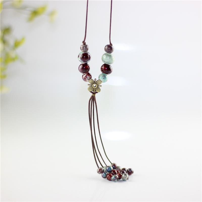 

Pendant Necklaces Ceramic Beads Flower Long Tassel Sweater Chain Rope Pendants Jewelry Vintage Natural Stone Statement Choker