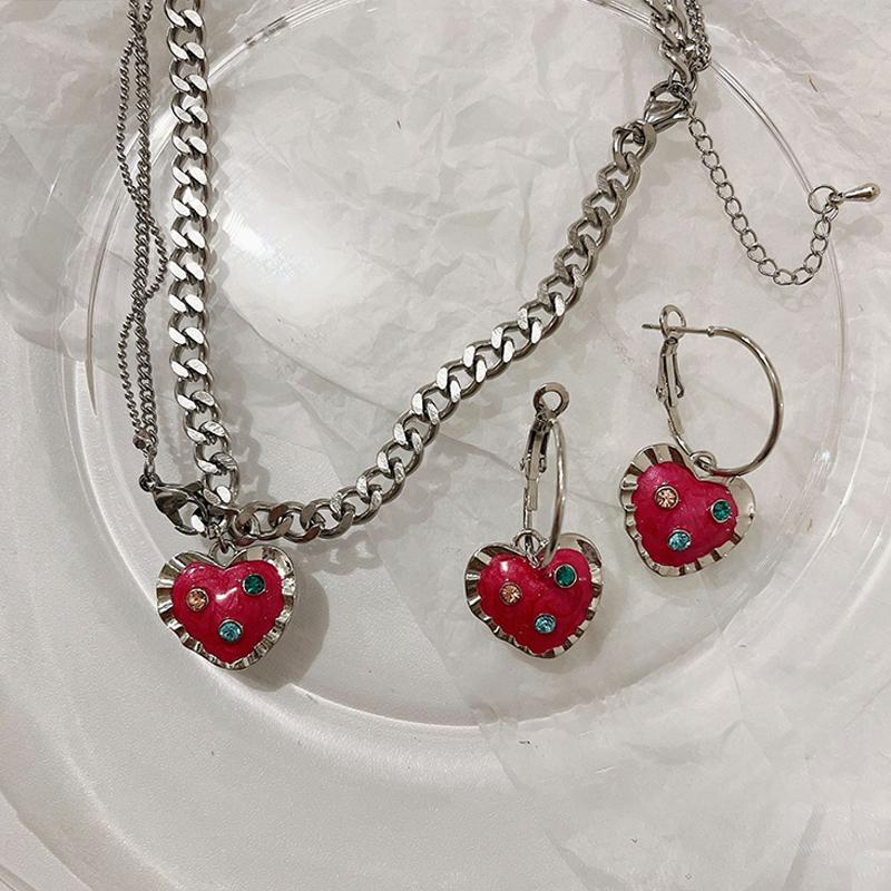 

Earrings & Necklace Y2k Jewelry Pink Peach Heart Cherry Women Harajuku Crystal Chain Clavicle Luxury 90s Aesthetic, Silver