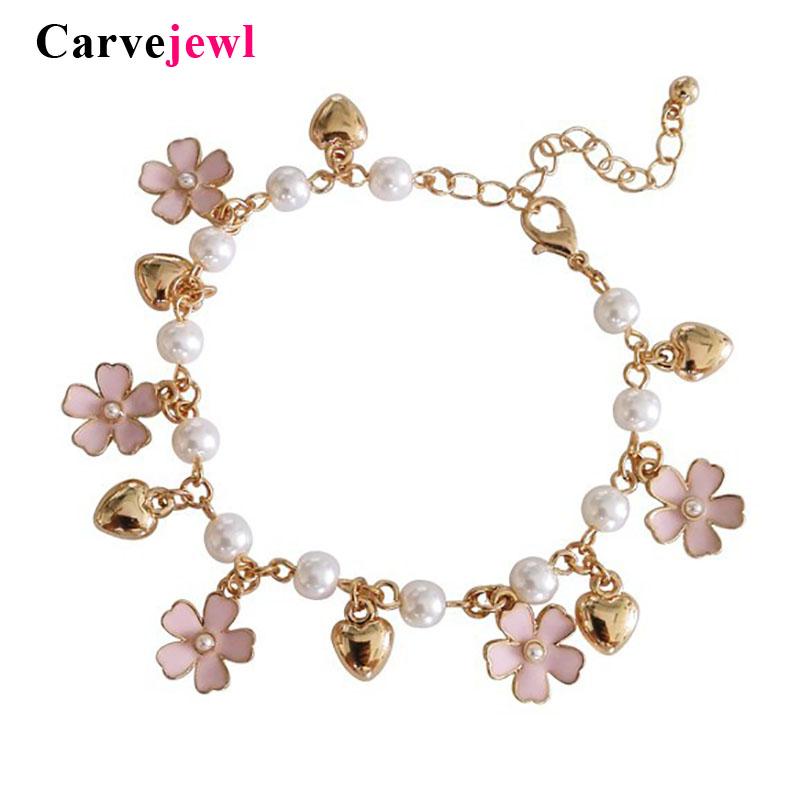 Charm Bracelets Carvejewl Hand Made Enamel Glaze Flower Love Heat Charms Bracelet Bangle Linked Pearl Simple Lovely Young Girl-image-708872656