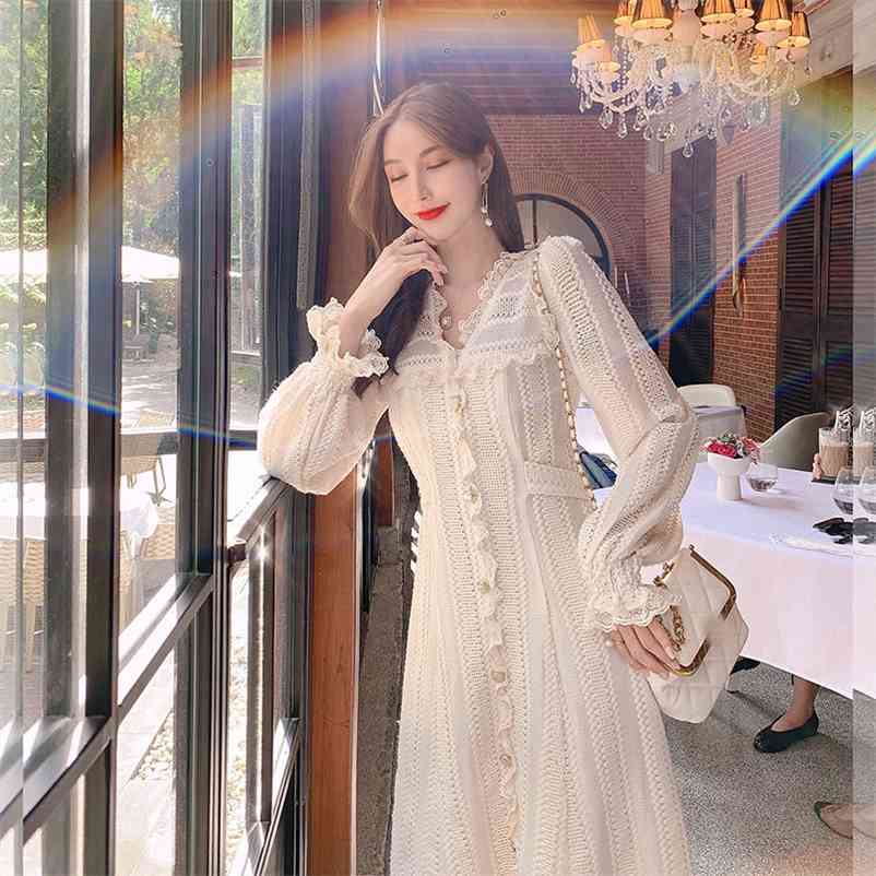 

Elegant Fairy Dress Women Autumn Lace Vintage Party Midi Female Casual Korean Chiffon 210519, Apricot