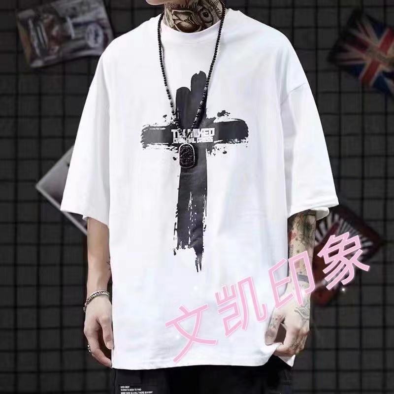 

t-shirt men's short sve summer new trend cross letter printing large size loose navigator, White;black