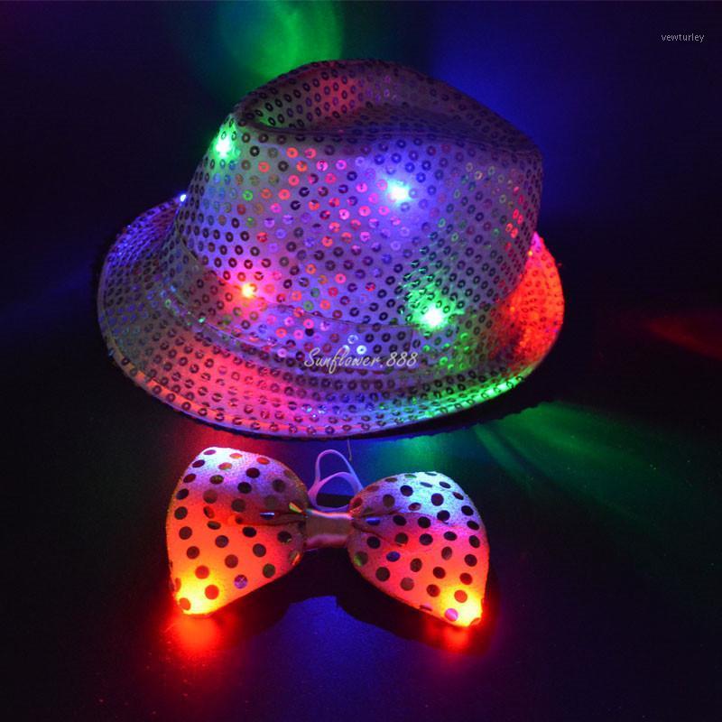 

Party Decoration Women Man Kids LED Sequins Jazz Hat Light Flashing Trilby Hats Cap Tie Glow Rave Christmas Wedding