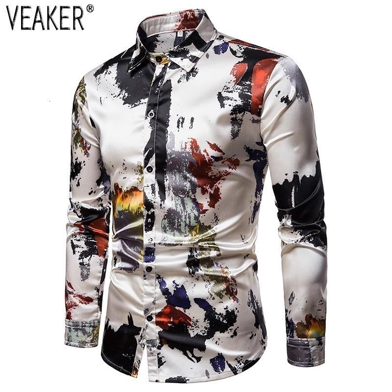 

Men Silk Satin Printed Shirts Slim Fit Long Mouw Party Shirt Tops Print  -2XL Men' Casual, As pic