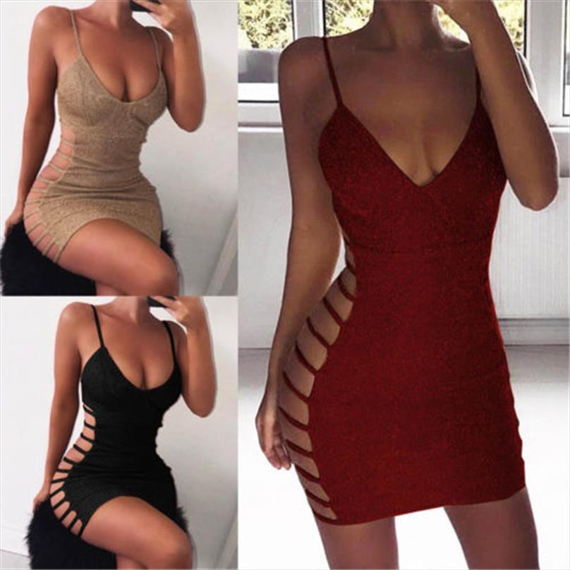

bodycon sleeveless womens dresses v neck spaghetti strap stretchy package hip short mini club shiny vestido w3, Black;gray