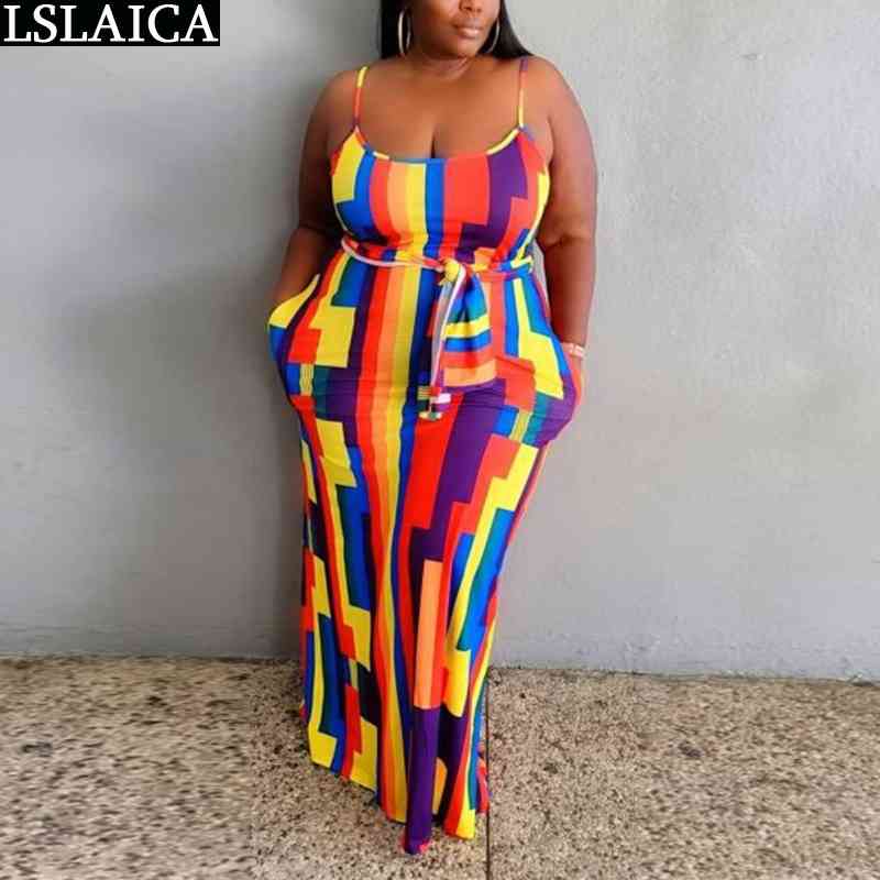 

Summer Dress Rainbow Striped Print Loose Fashion Suspender for Women Plus Size Elegant Party Clubwear Long 210520, Multi